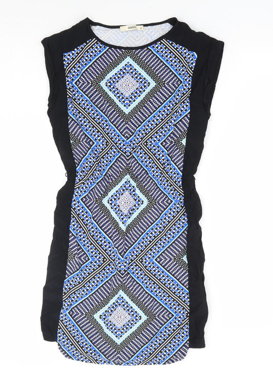 Oasis Womens Blue Geometric Viscose Fit & Flare Size XS Round Neck Pullover - Elastic Waist