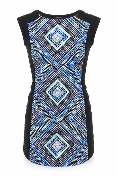 Oasis Womens Blue Geometric Viscose Fit & Flare Size XS Round Neck Pullover - Elastic Waist