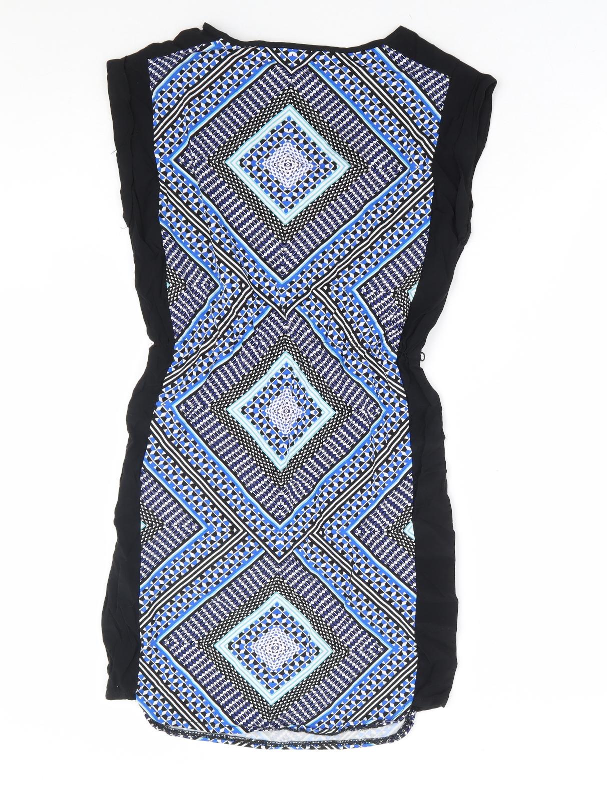 Oasis Womens Blue Geometric Viscose Fit & Flare Size XS Round Neck Pullover - Elastic Waist