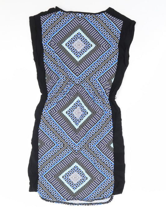 Oasis Womens Blue Geometric Viscose Fit & Flare Size XS Round Neck Pullover - Elastic Waist