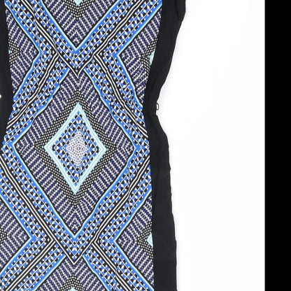 Oasis Womens Blue Geometric Viscose Fit & Flare Size XS Round Neck Pullover - Elastic Waist