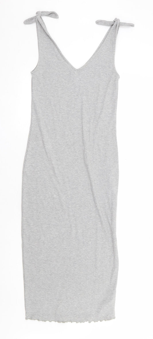 Topshop Womens Grey Polyester Tank Dress Size 8 V-Neck Tie - Ribbed