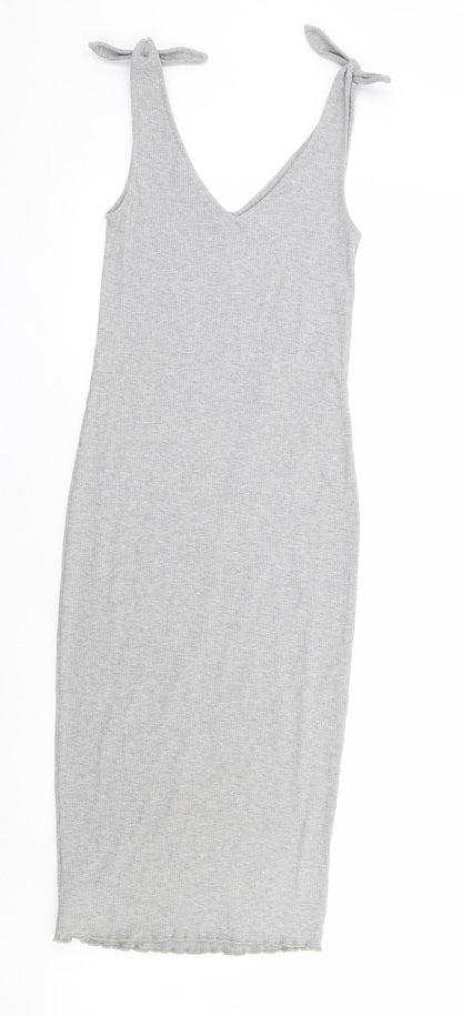 Topshop Womens Grey Polyester Tank Dress Size 8 V-Neck Tie - Ribbed