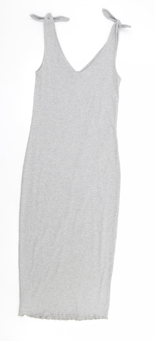 Topshop Womens Grey Polyester Tank Dress Size 8 V-Neck Tie - Ribbed