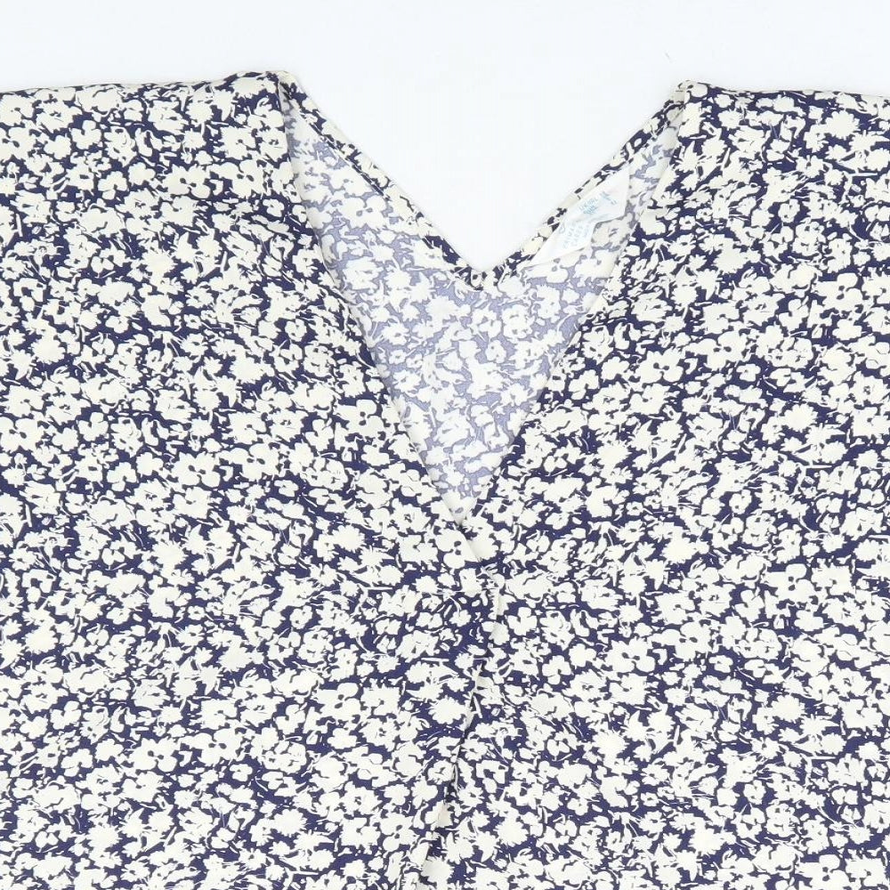 Primark Womens Blue Floral Polyester Basic Blouse Size 10 V-Neck