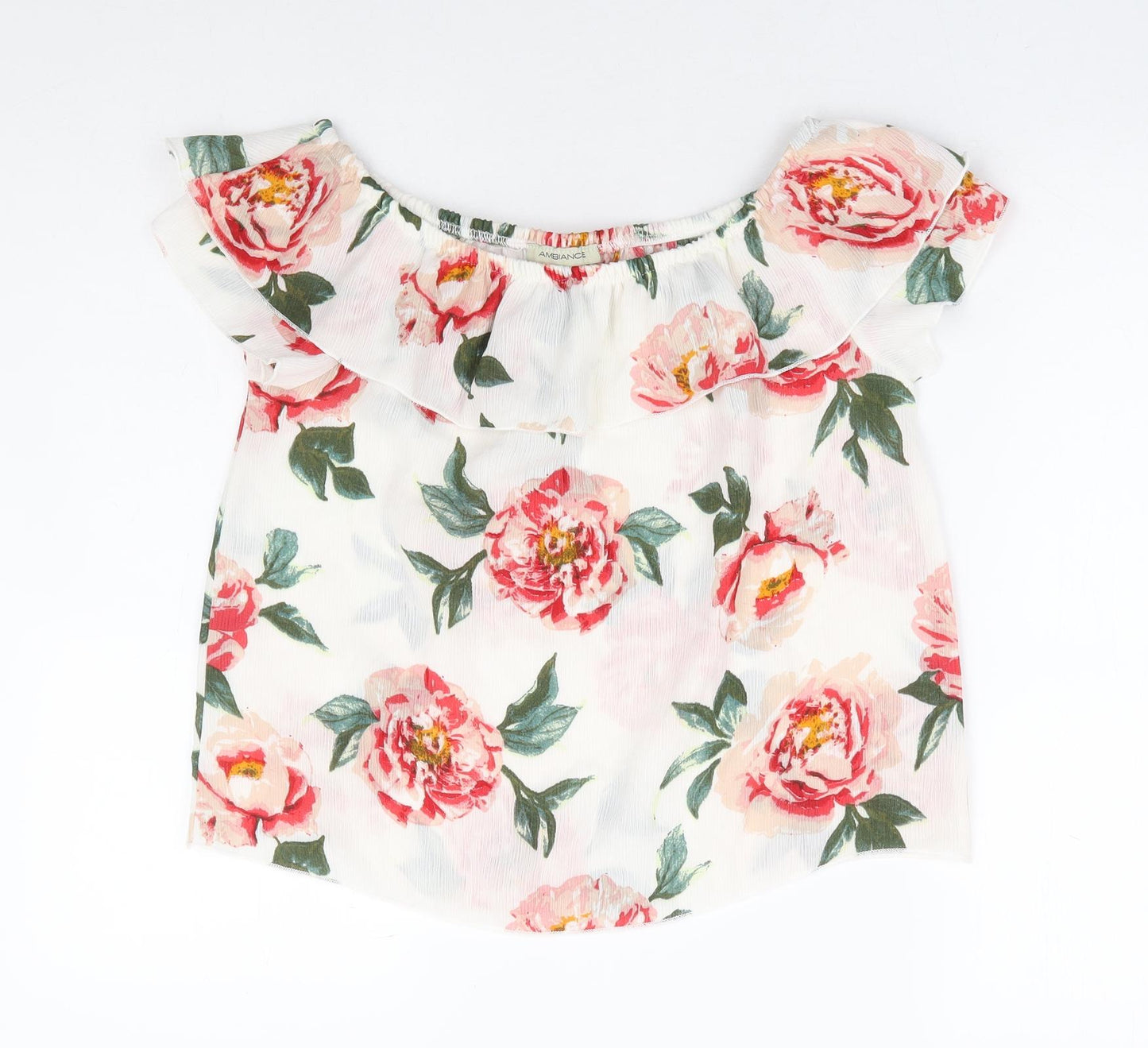Ambience Womens White Floral Polyester Basic Blouse Size S Off the Shoulder - Rose Print Bardot