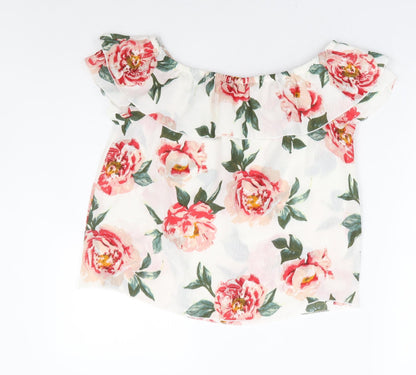 Ambience Womens White Floral Polyester Basic Blouse Size S Off the Shoulder - Rose Print Bardot