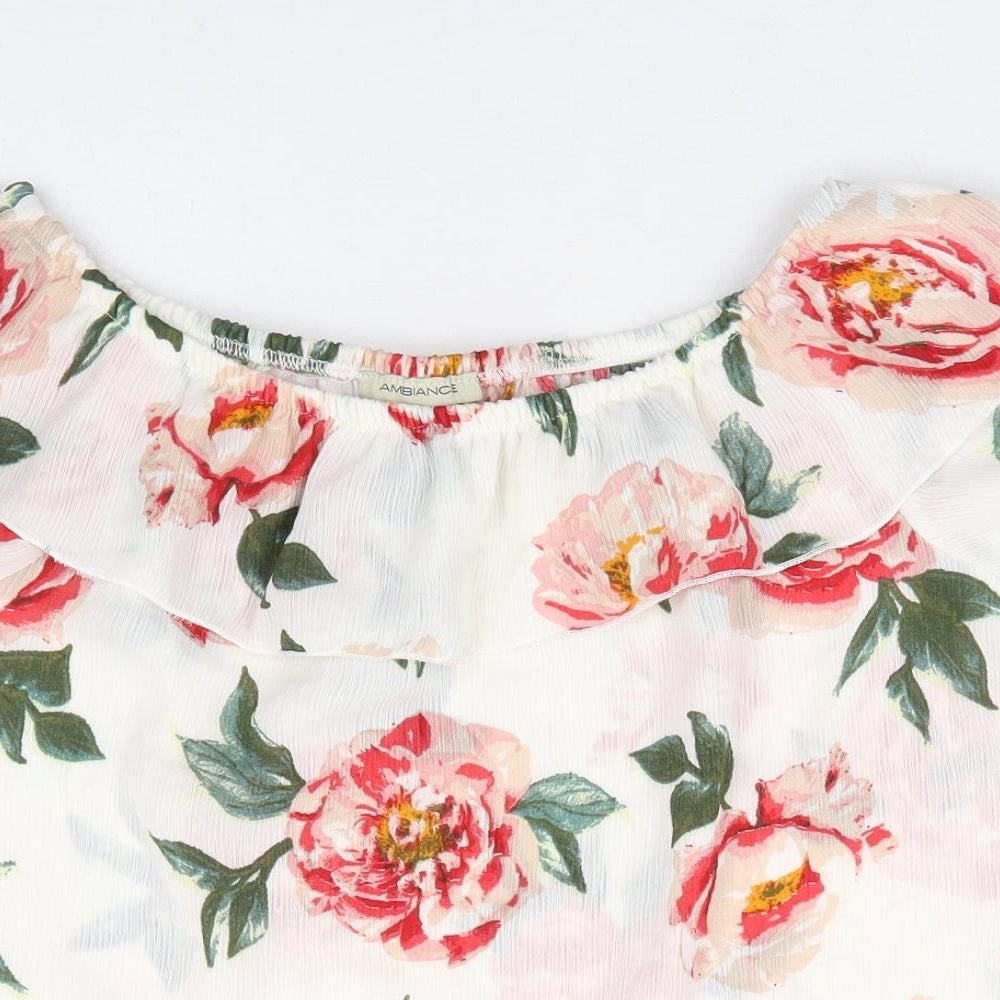 Ambience Womens White Floral Polyester Basic Blouse Size S Off the Shoulder - Rose Print Bardot