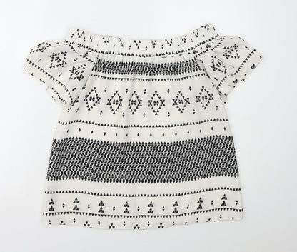 Atmos & Here Womens White Geometric Polyester Basic Blouse Size 10 Off the Shoulder