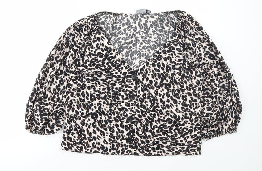 ASOS Womens Multicoloured Animal Print Cotton Basic Blouse Size 14 V-Neck - Leopard Print