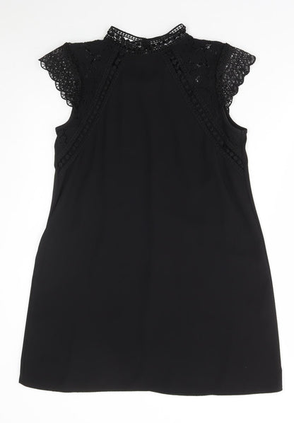Zara Womens Black Polyester A-Line Size XS High Neck Button - Lace Detail