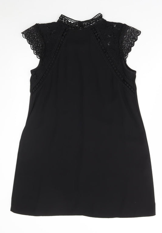 Zara Womens Black Polyester A-Line Size XS High Neck Button - Lace Detail