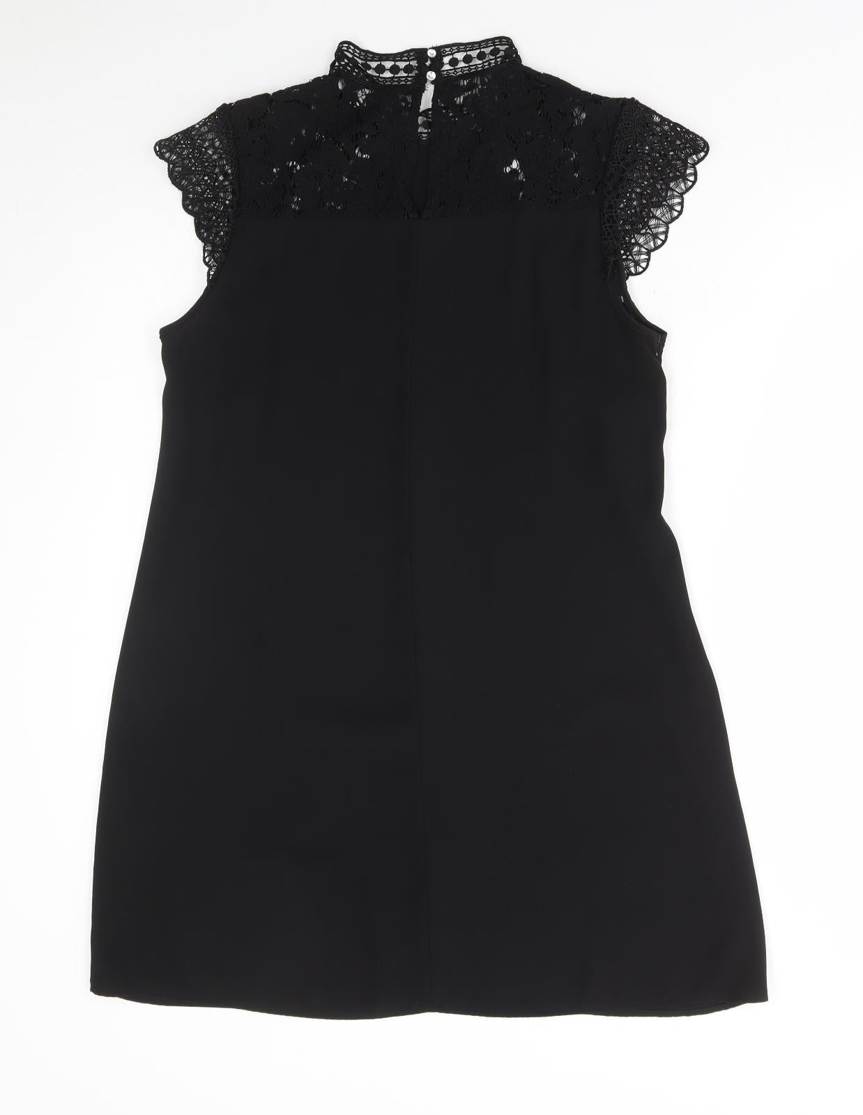 Zara Womens Black Polyester A-Line Size XS High Neck Button - Lace Detail