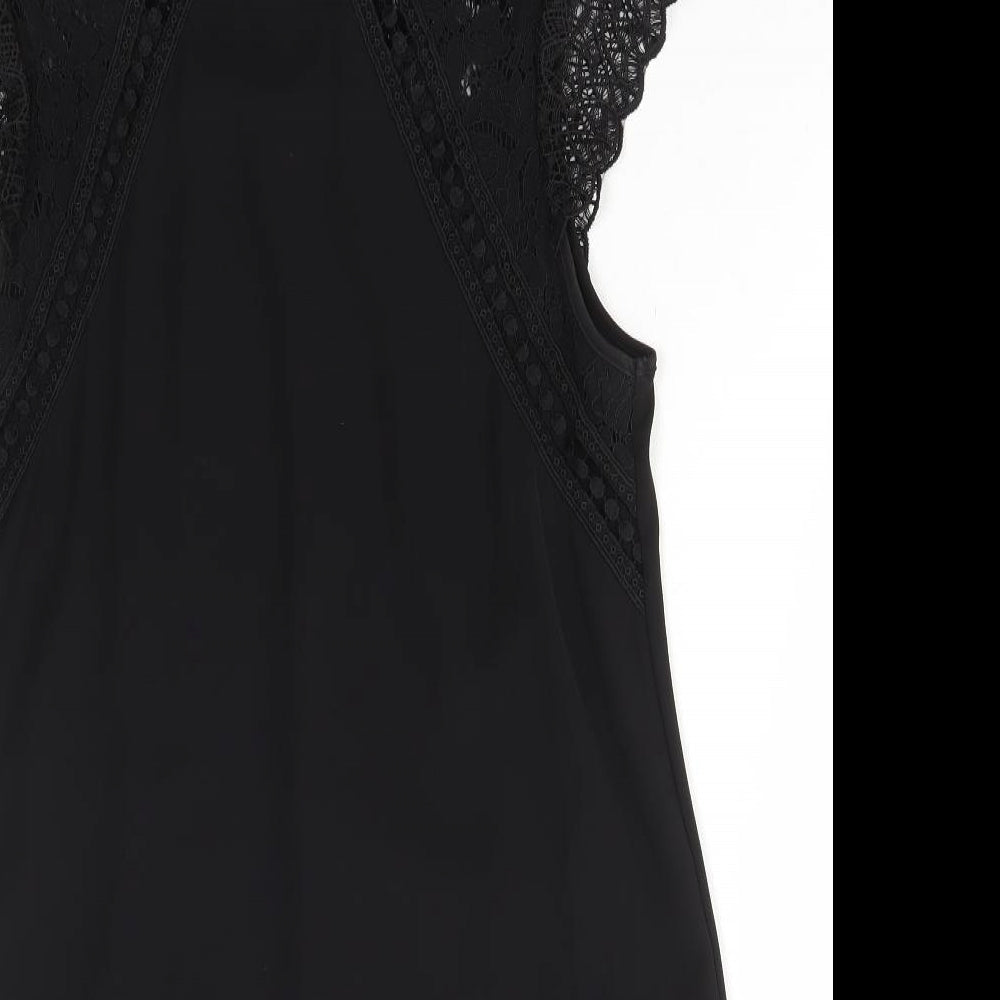 Zara Womens Black Polyester A-Line Size XS High Neck Button - Lace Detail