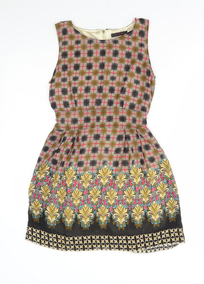 TENKI Womens Multicoloured Geometric Polyester A-Line Size 8 Boat Neck Zip