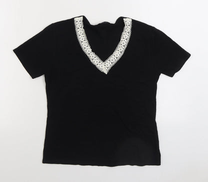 Soul Collection Womens Black Viscose Basic T-Shirt Size S V-Neck - Lace detail neckline