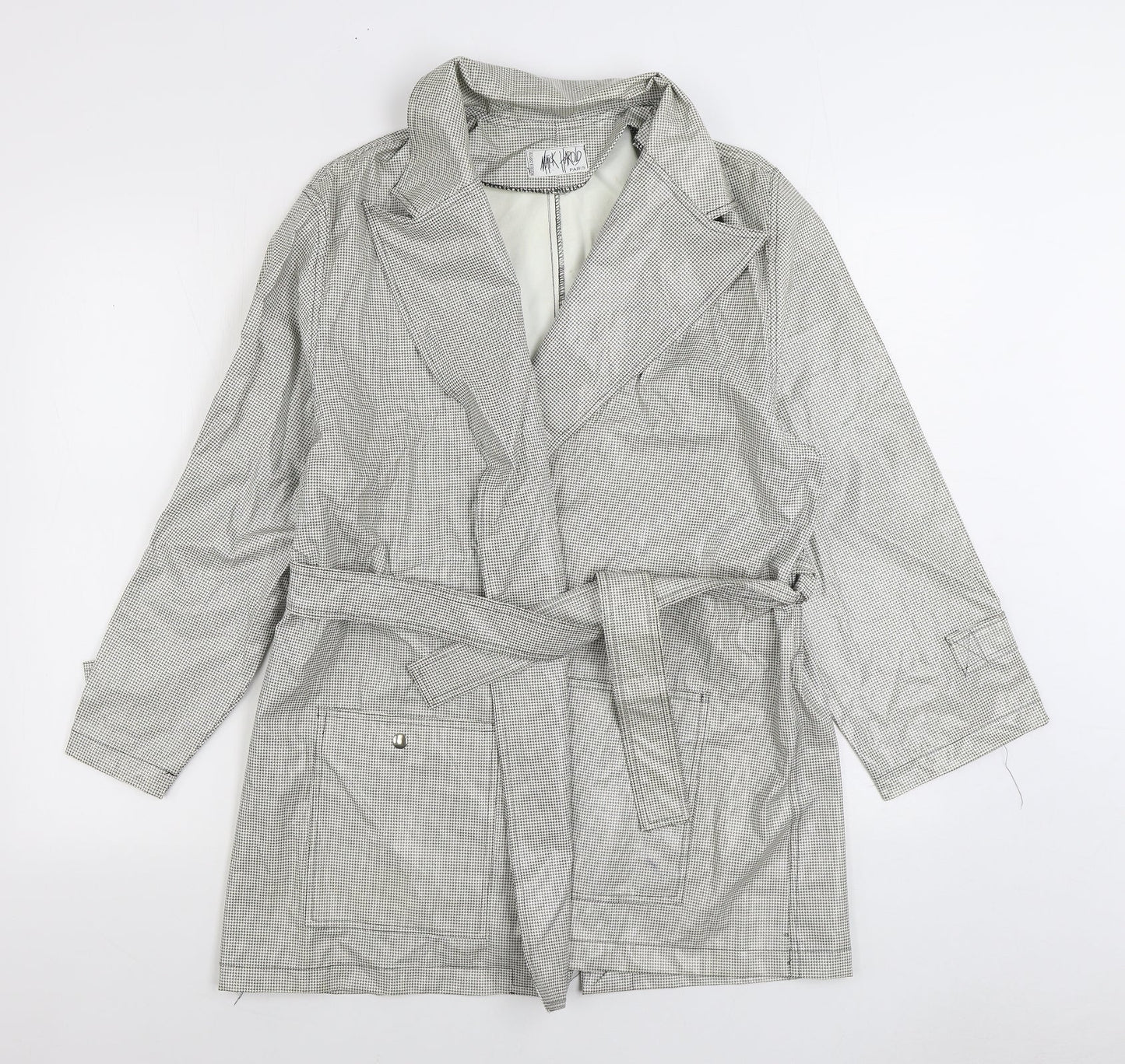 Mick Harold Womens White Geometric Rain Coat Coat Size L Tie - Houndstooth
