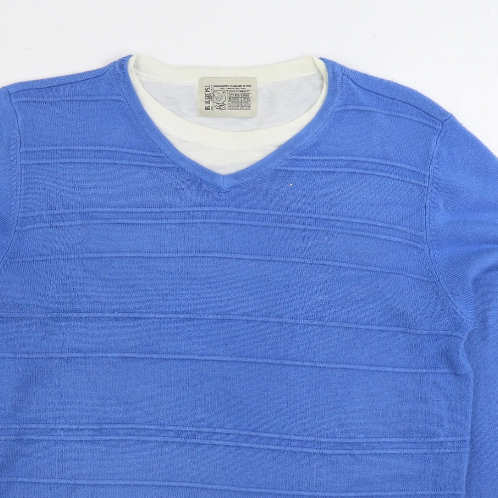 BHS Mens Blue V-Neck Acrylic Pullover Jumper Size S