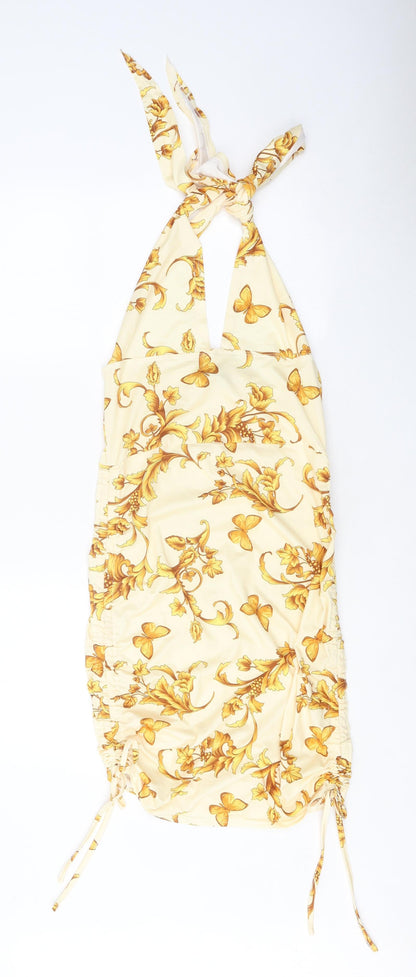 SheIn Womens Yellow Geometric Polyester Bodycon Size M Halter Tie