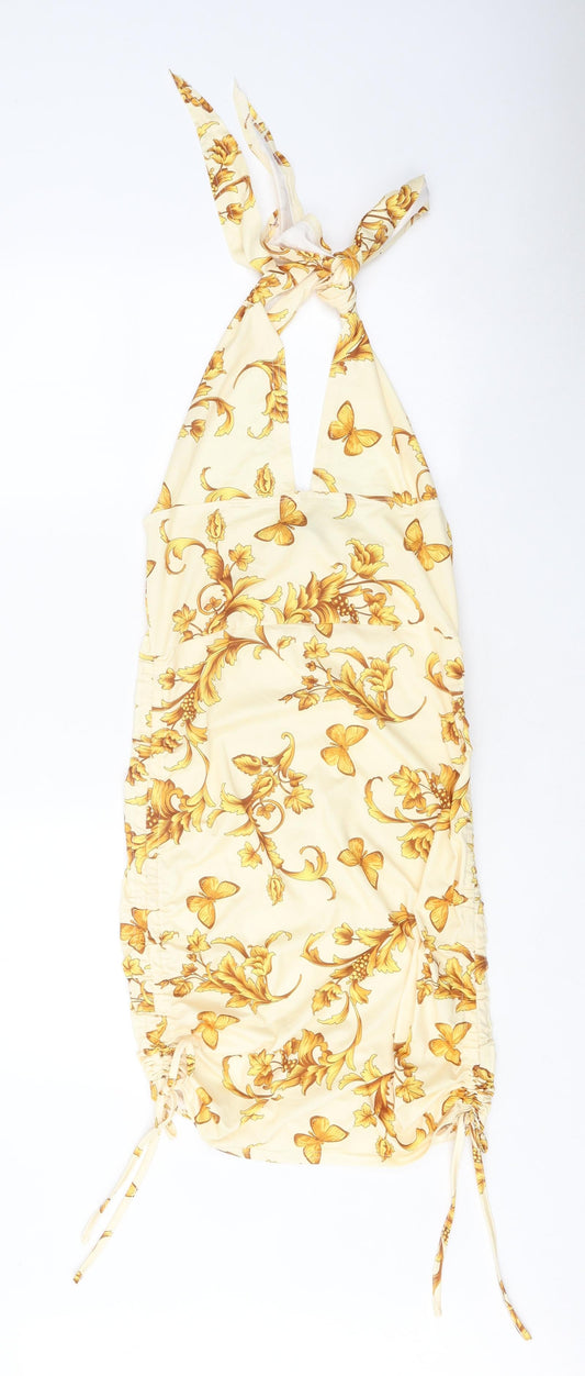 SheIn Womens Yellow Geometric Polyester Bodycon Size M Halter Tie