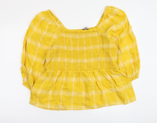 Marks and Spencer Womens Yellow Plaid Linen Basic Size 14 Square Neck