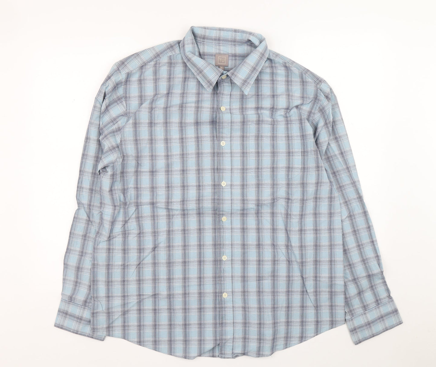 TU Mens Blue Plaid Cotton Button-Up Size XL Collared Button