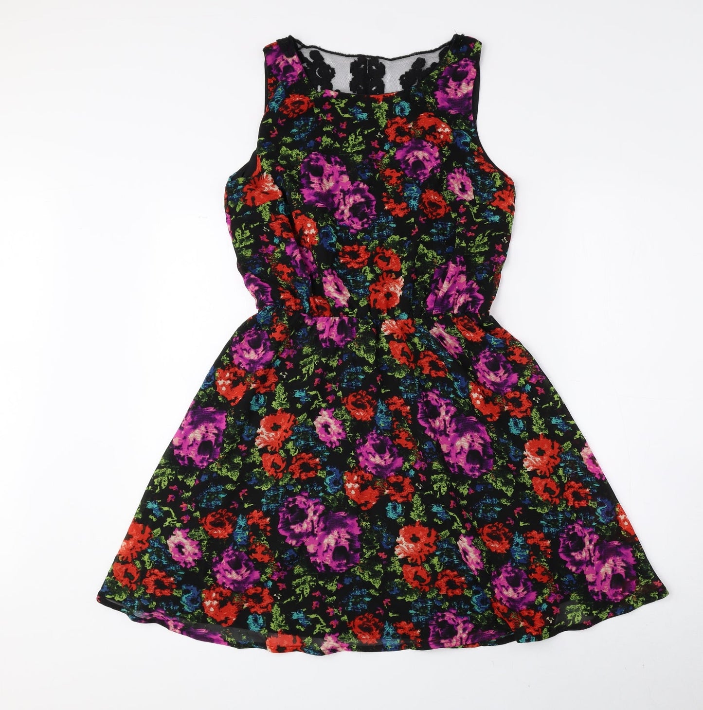 Fun & Flirt Womens Multicoloured Floral Polyester Fit & Flare Size M Boat Neck Pullover - Lace Detail