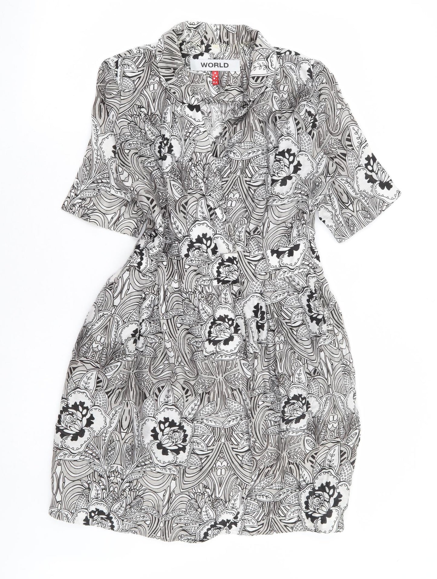 World Womens Black Floral Linen Wrap Dress Size XS Collared Button