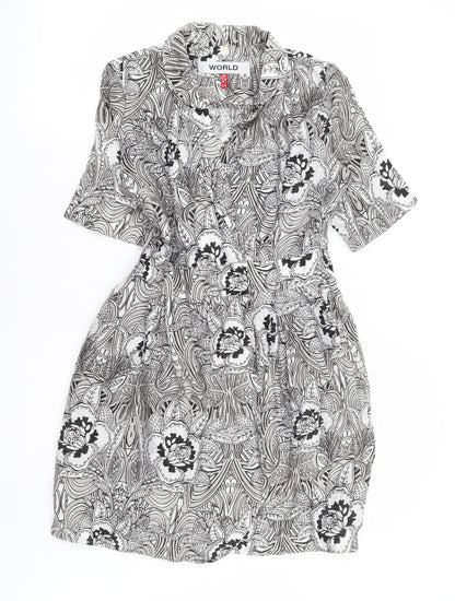 World Womens Black Floral Linen Wrap Dress Size XS Collared Button