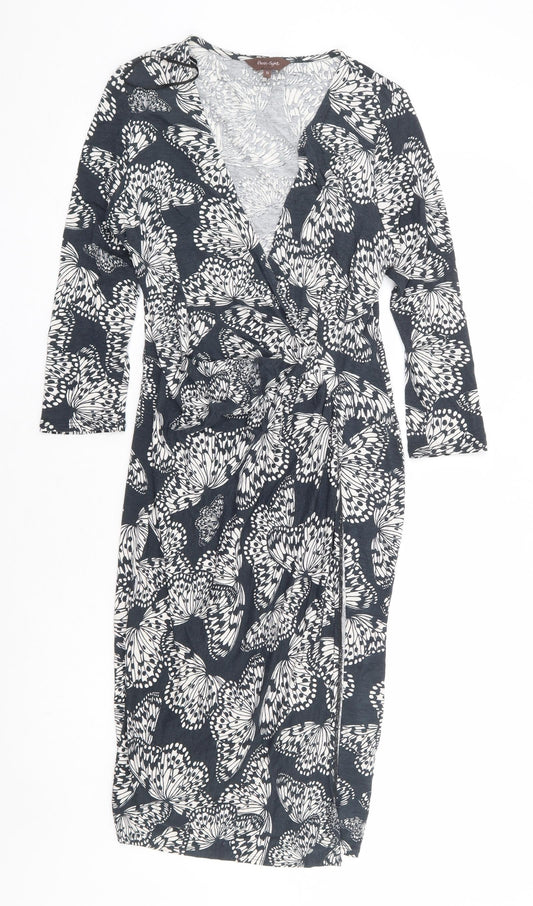 Phase Eight Womens Grey Geometric Viscose Wrap Dress Size 10 V-Neck Pullover - Butterfly Faux Wrap