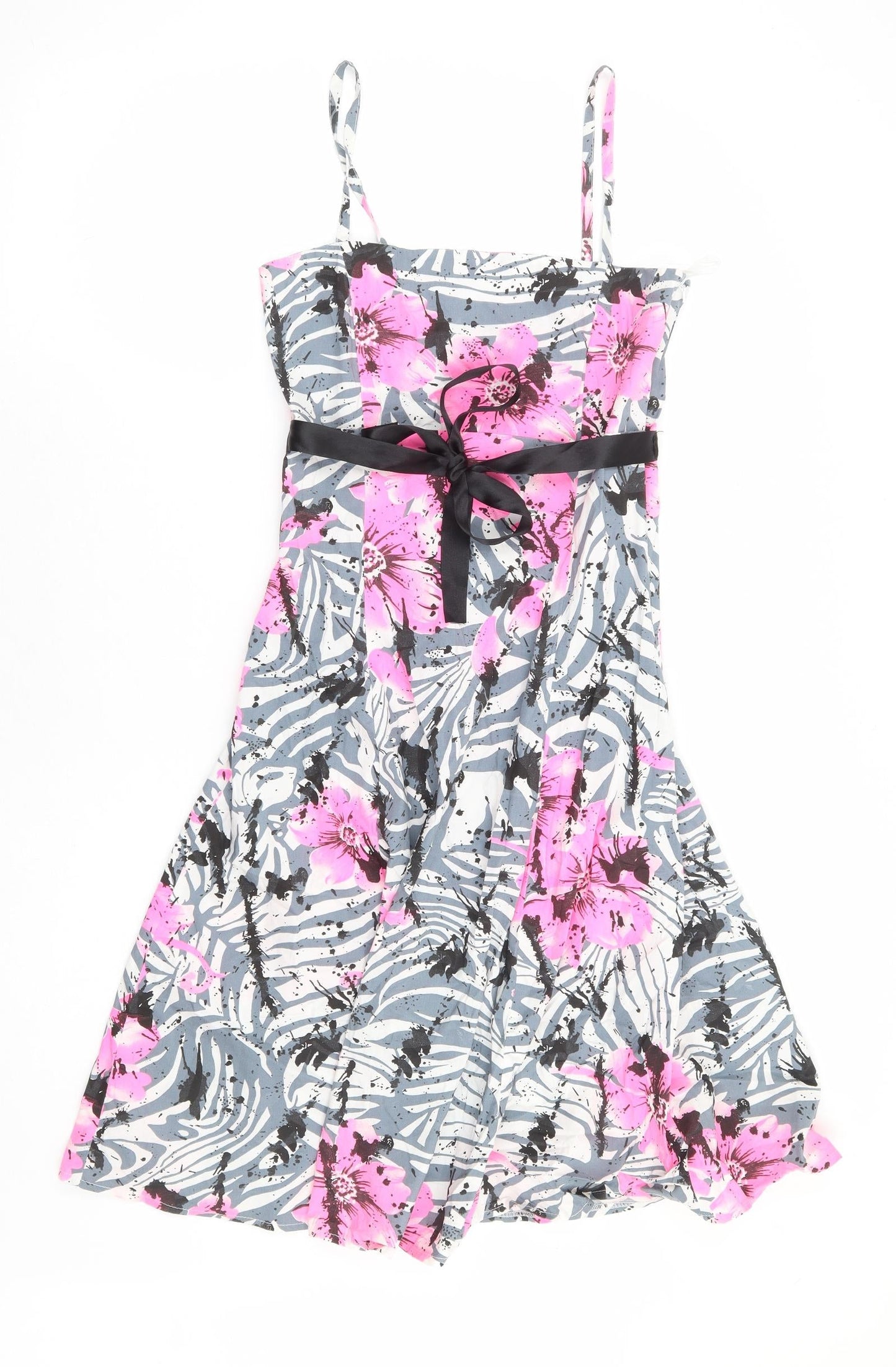 West One Womens Grey Floral Cotton Fit & Flare Size 8 Square Neck Zip
