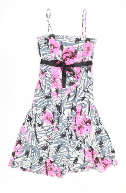 West One Womens Grey Floral Cotton Fit & Flare Size 8 Square Neck Zip