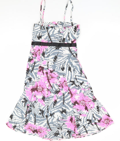 West One Womens Grey Floral Cotton Fit & Flare Size 8 Square Neck Zip