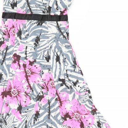 West One Womens Grey Floral Cotton Fit & Flare Size 8 Square Neck Zip