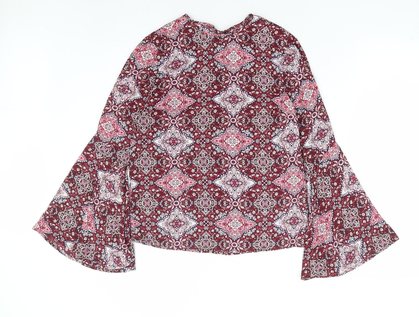 Primark Womens Red Floral Polyester Basic Blouse Size 6 Round Neck - Bell Sleeve