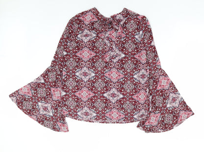 Primark Womens Red Floral Polyester Basic Blouse Size 6 Round Neck - Bell Sleeve