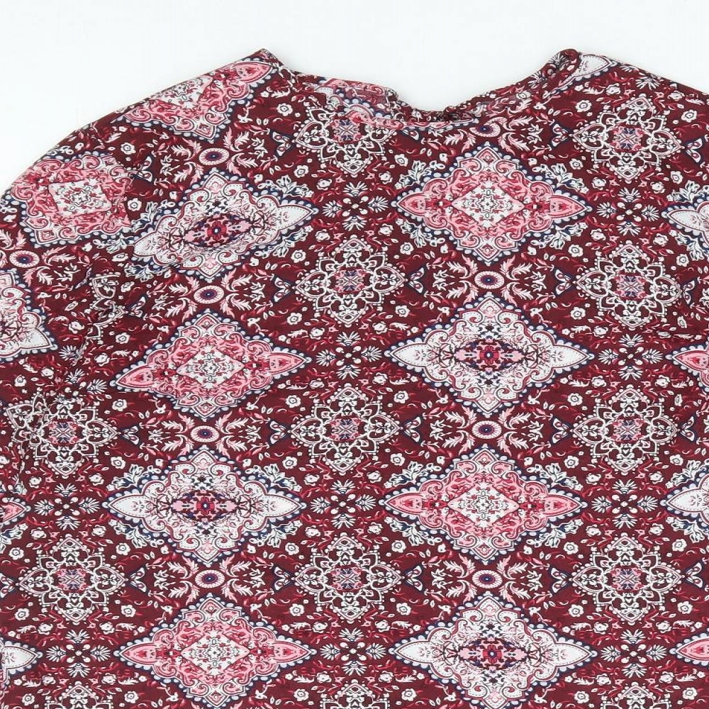 Primark Womens Red Floral Polyester Basic Blouse Size 6 Round Neck - Bell Sleeve