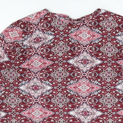 Primark Womens Red Floral Polyester Basic Blouse Size 6 Round Neck - Bell Sleeve