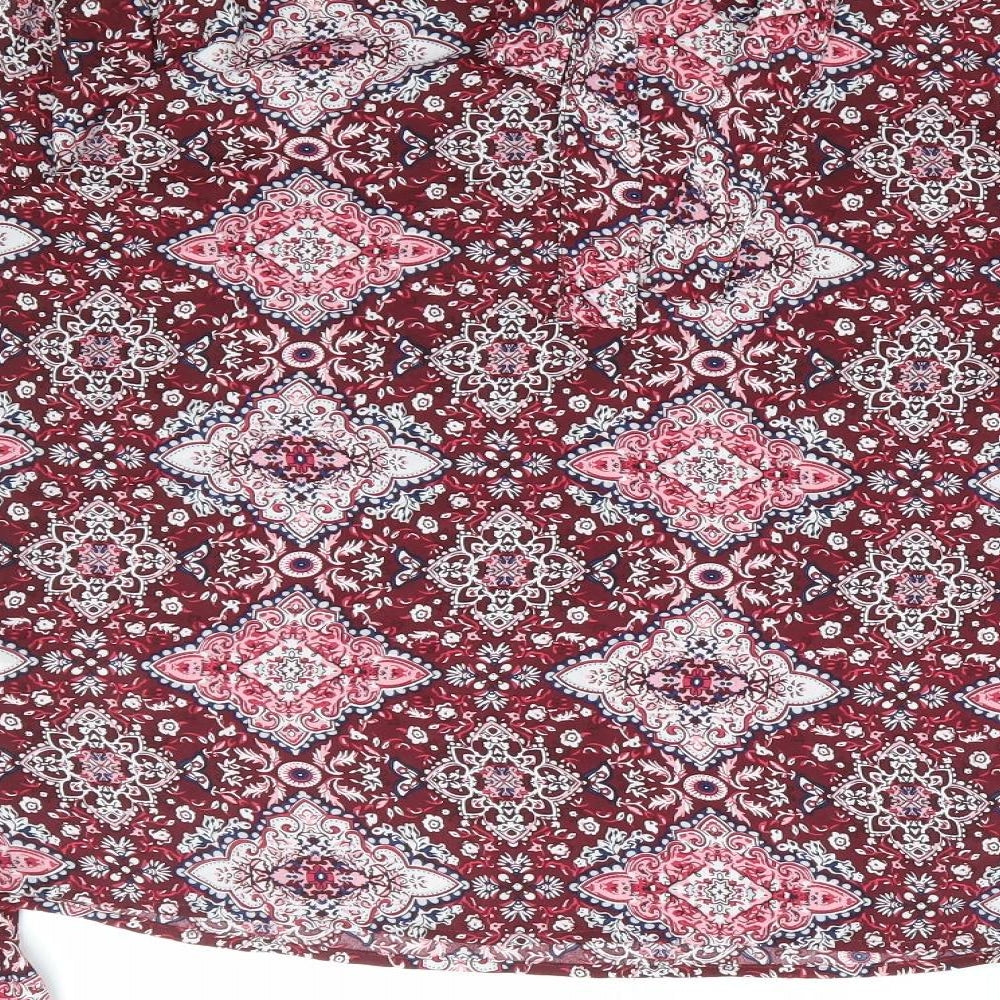 Primark Womens Red Floral Polyester Basic Blouse Size 6 Round Neck - Bell Sleeve
