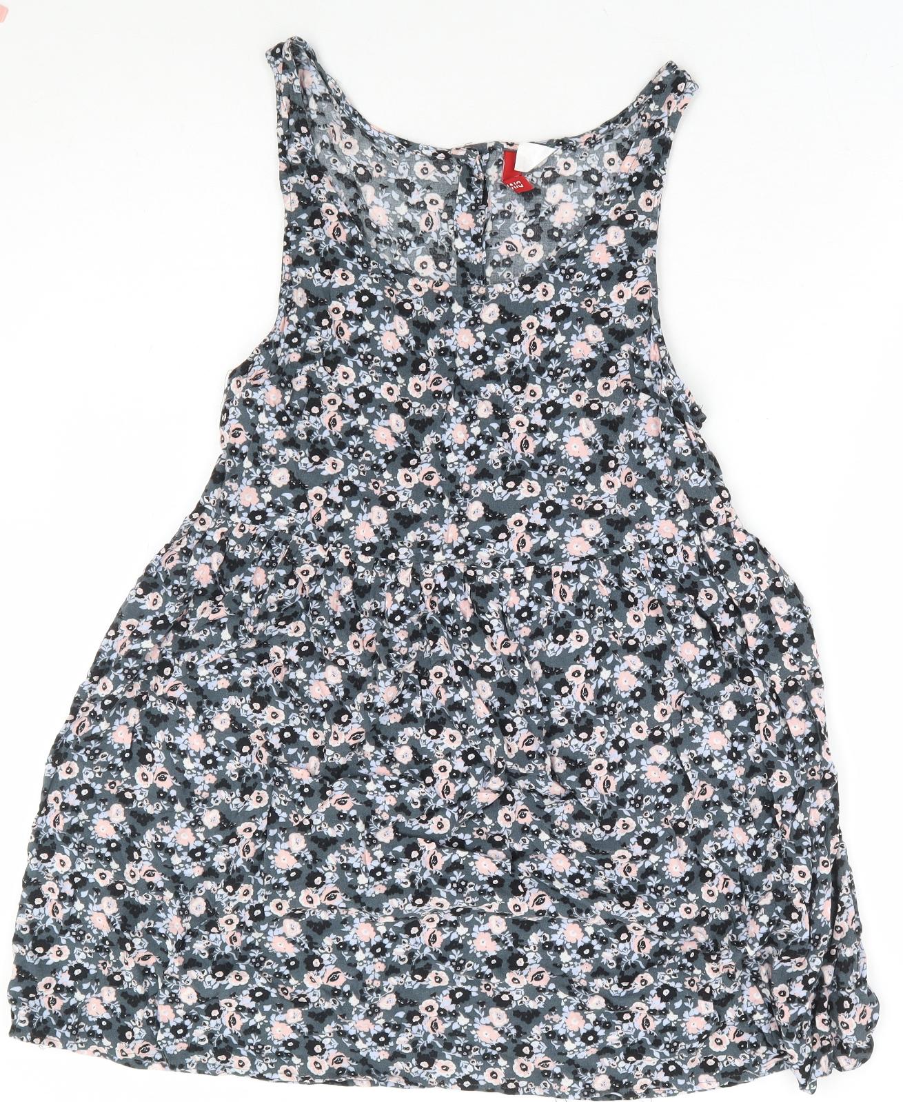 Divided by H&M Womens Grey Floral Viscose Fit & Flare Size 10 Scoop Neck Button