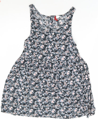 Divided by H&M Womens Grey Floral Viscose Fit & Flare Size 10 Scoop Neck Button
