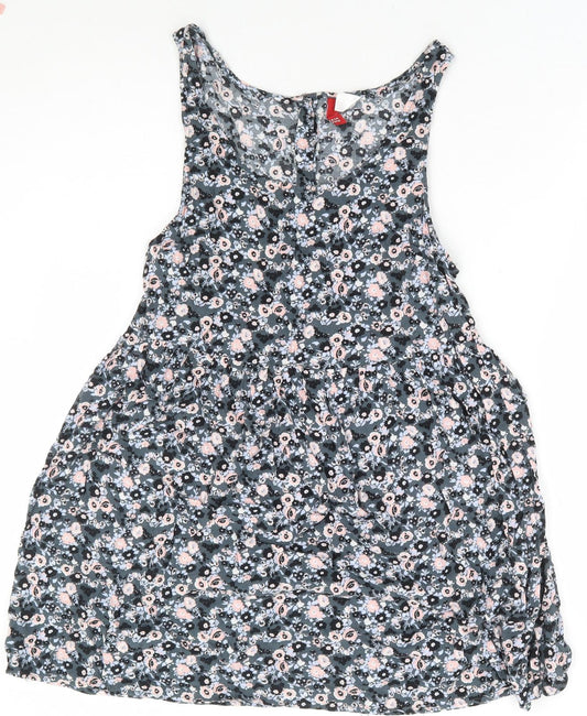 Divided by H&M Womens Grey Floral Viscose Fit & Flare Size 10 Scoop Neck Button