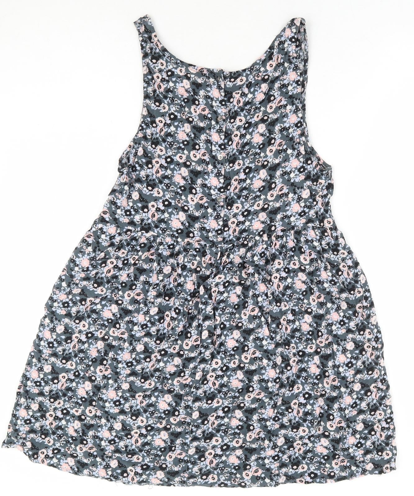 Divided by H&M Womens Grey Floral Viscose Fit & Flare Size 10 Scoop Neck Button