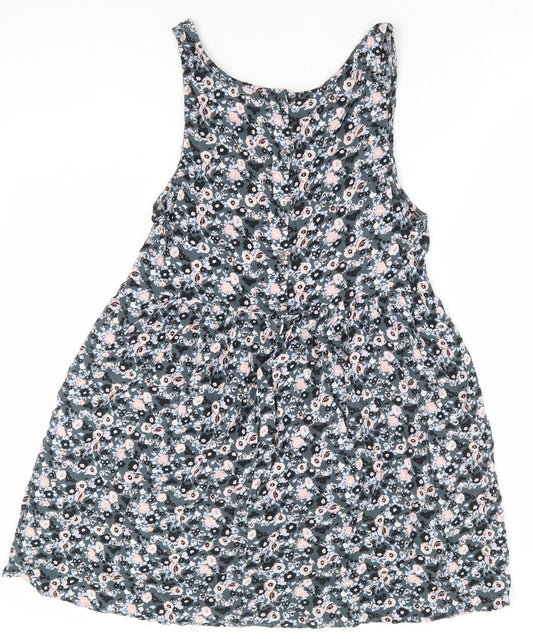 Divided by H&M Womens Grey Floral Viscose Fit & Flare Size 10 Scoop Neck Button