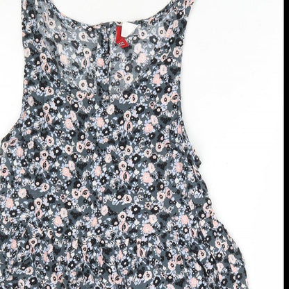 Divided by H&M Womens Grey Floral Viscose Fit & Flare Size 10 Scoop Neck Button