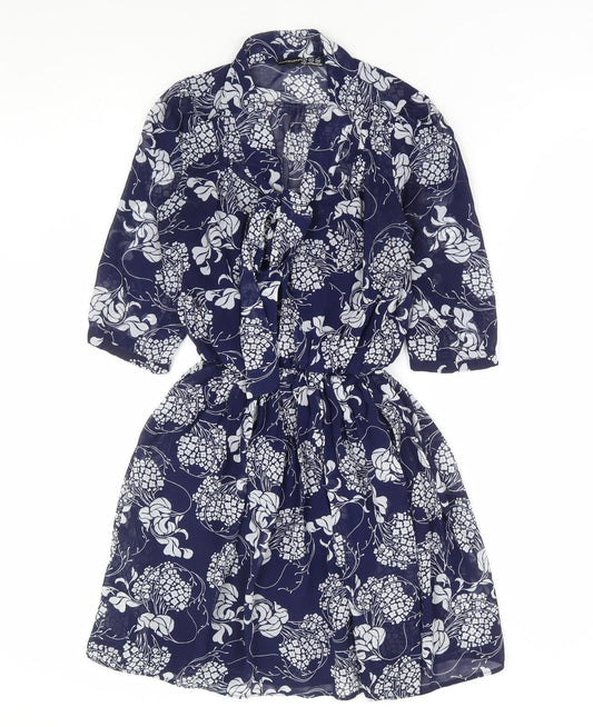 Primark Womens Blue Floral Polyester Fit & Flare Size 6 V-Neck Tie - Tie Neck Elastic Waist