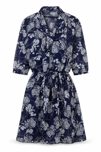 Primark Womens Blue Floral Polyester Fit & Flare Size 6 V-Neck Tie - Tie Neck Elastic Waist