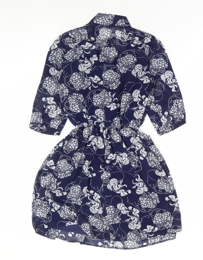 Primark Womens Blue Floral Polyester Fit & Flare Size 6 V-Neck Tie - Tie Neck Elastic Waist