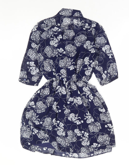 Primark Womens Blue Floral Polyester Fit & Flare Size 6 V-Neck Tie - Tie Neck Elastic Waist