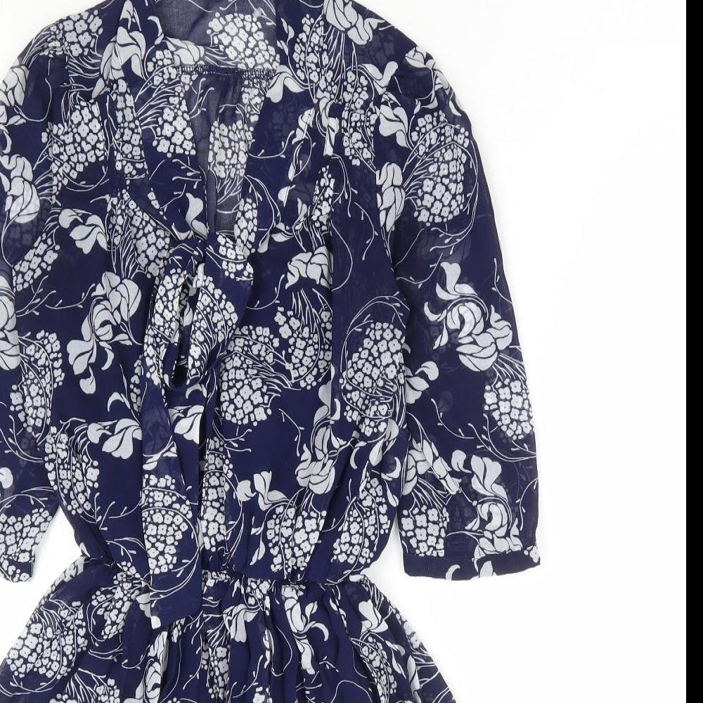 Primark Womens Blue Floral Polyester Fit & Flare Size 6 V-Neck Tie - Tie Neck Elastic Waist
